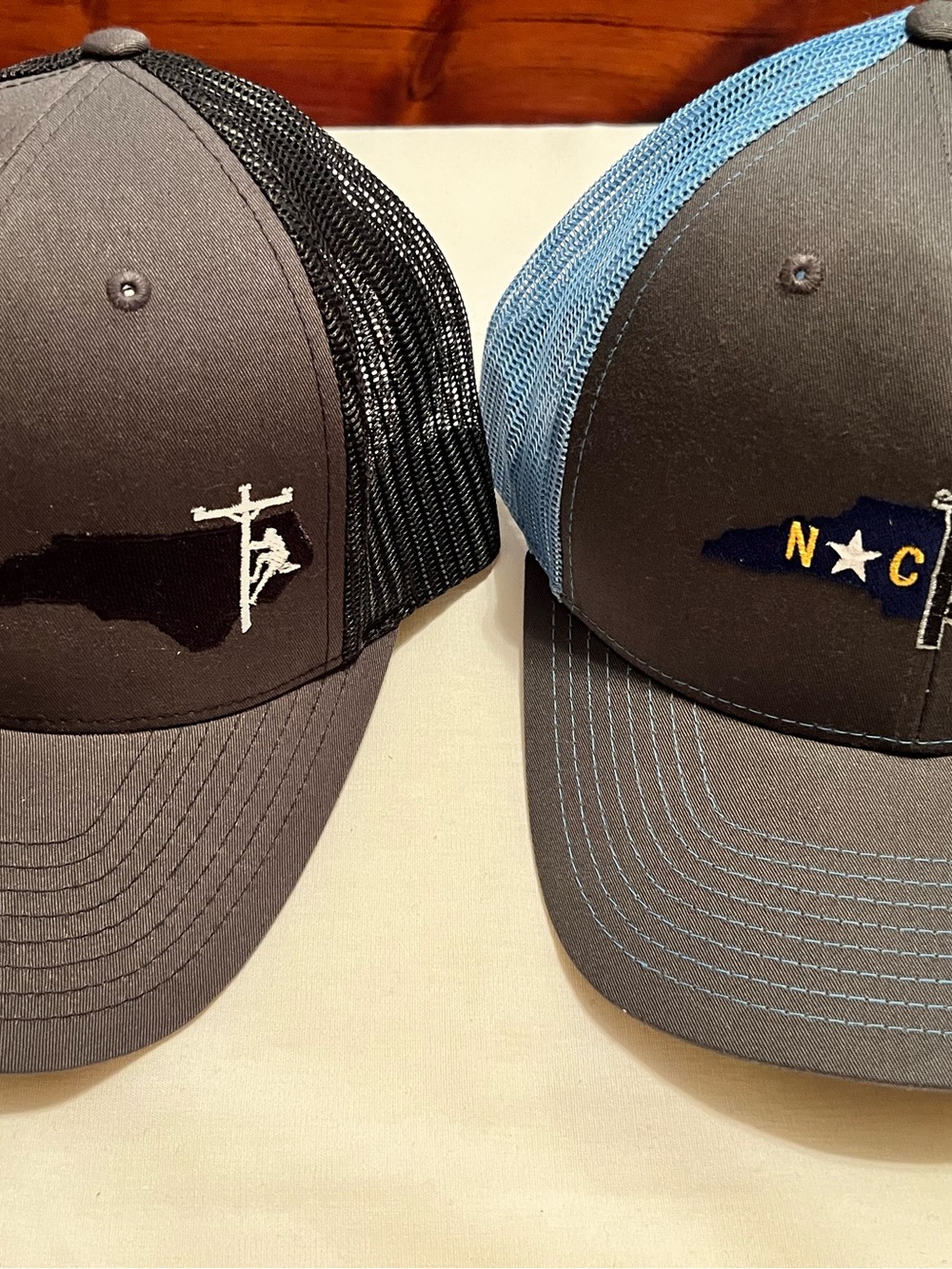Men's Gray Trucker lineman Caps with Blue Mesh - NC State Outline Embroidery